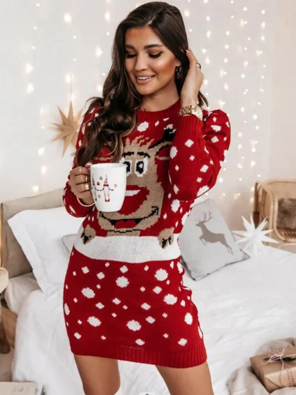 Women's Christmas Elk Jacquard Sweater Long Sleeve Dress Flusfy