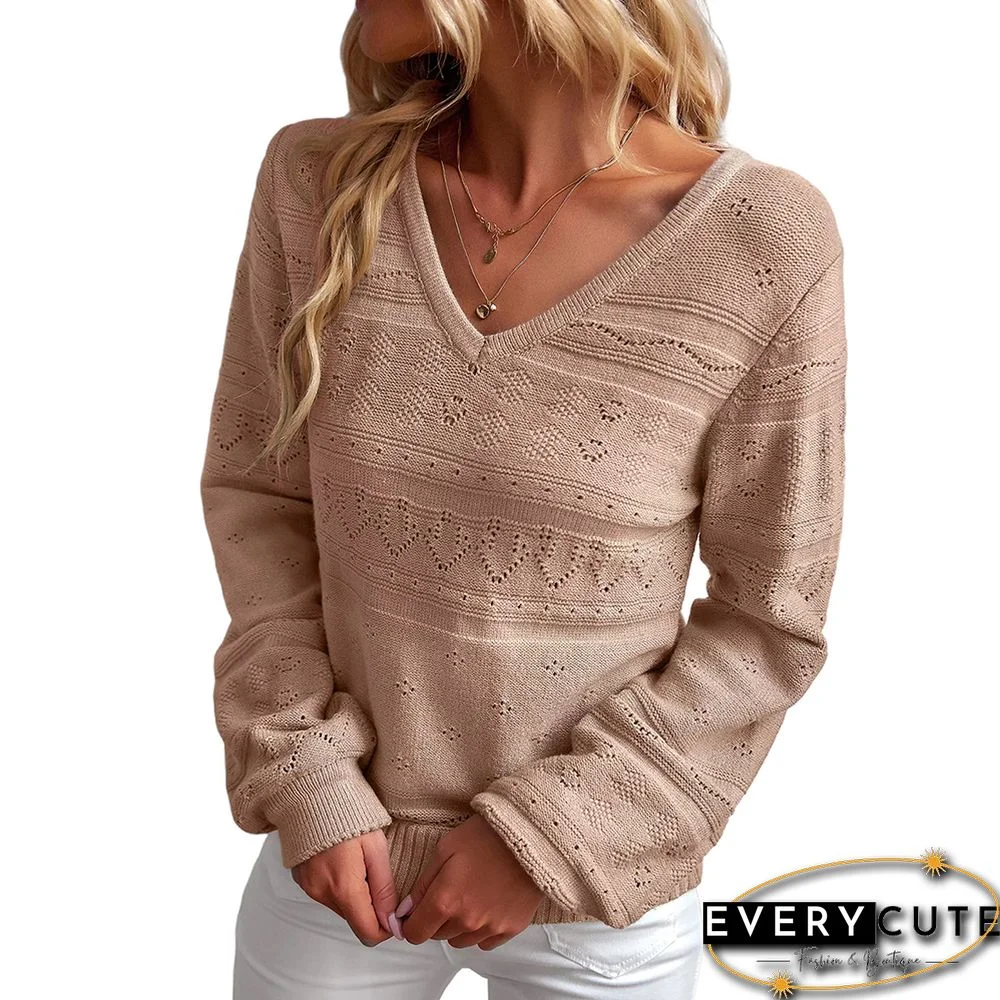 Khaki V Neck Hollow-out Long Sleeve Sweater