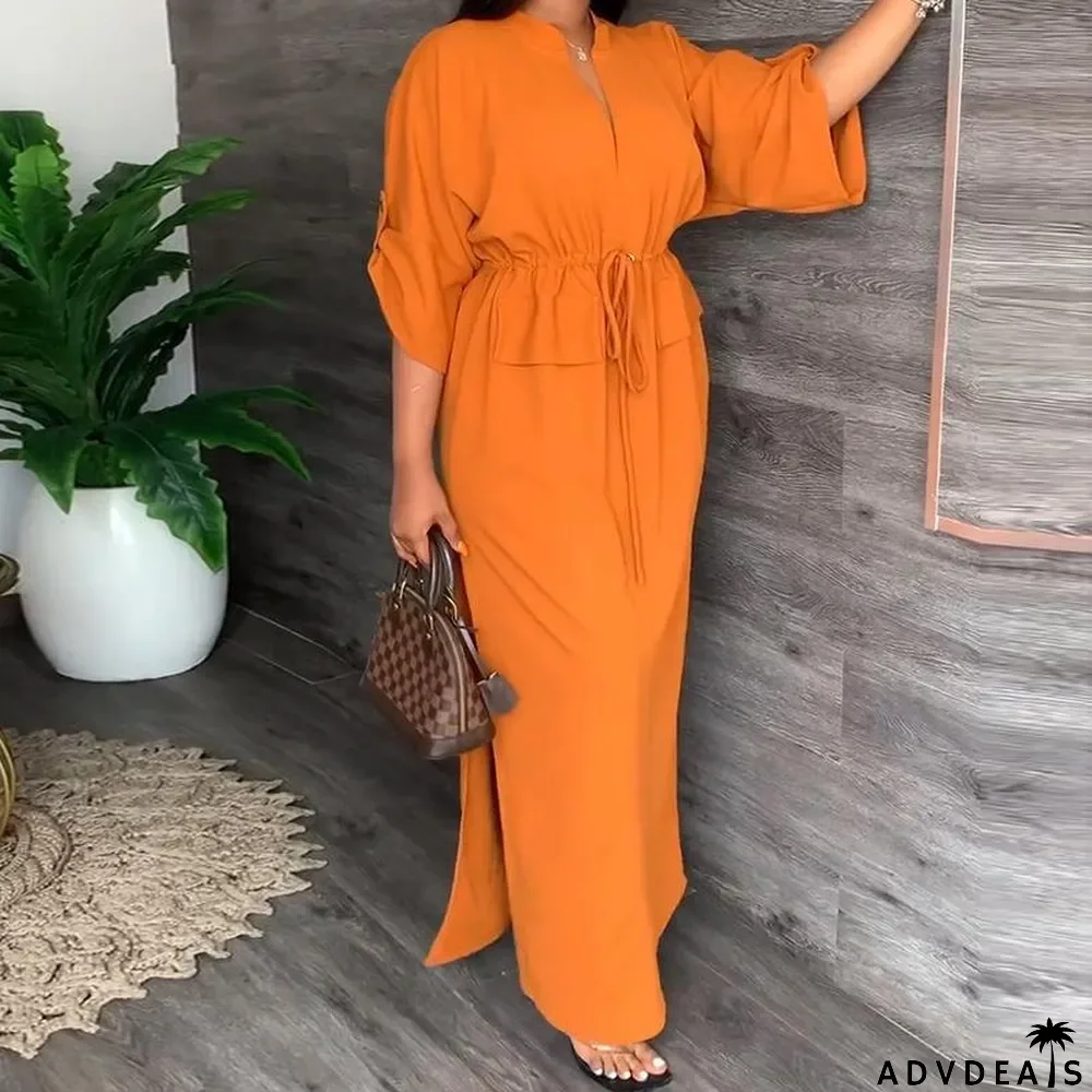 Fall Women Casual Fashion Stand Collar Slit Maxi Solid Dress