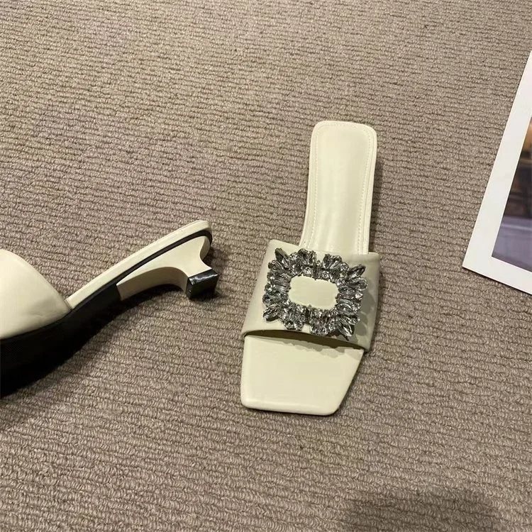 Wongn Wongn Summer New Fashion Rhinestone Square Button One-Word Women's Shoes With Cool Slippers Female