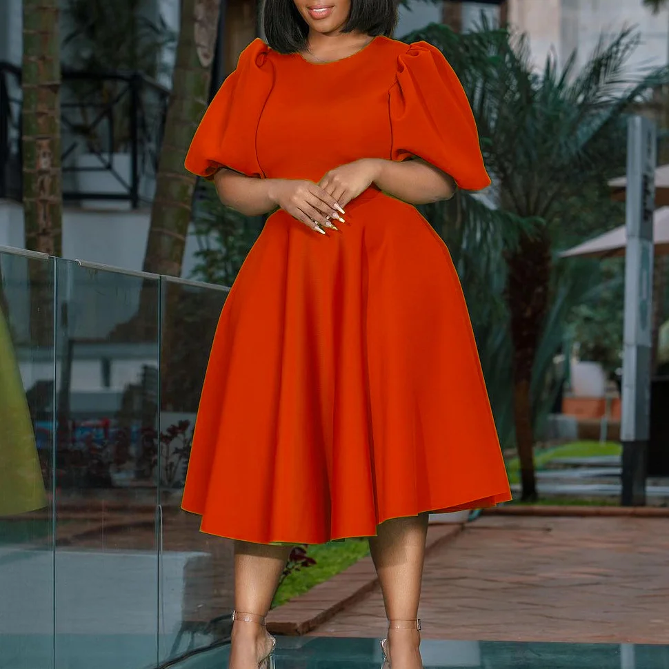 Puff Sleeve Big Swing Party Dress - Orange