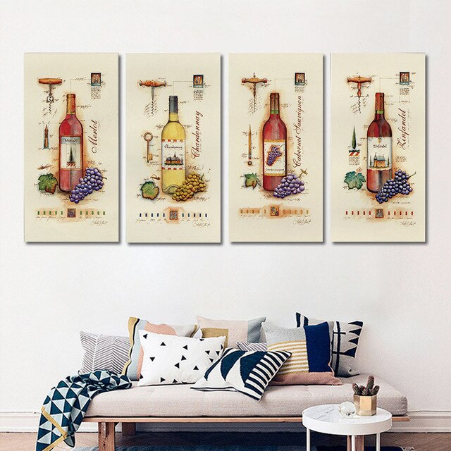 4 Piece Modern Wine Paintings Canvas Bottle Wall Art Canvas Posters Painting Bar Kitchen Dinning Room Decor Picture No Frame