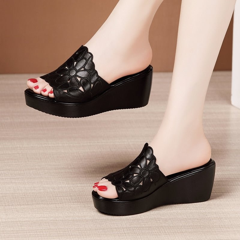 Wedges Heel Sandals Women Summer 2021 Platform Hollow Flower Sandals Large Size 41 43 Comfortable Open Toe Black Shoes Female