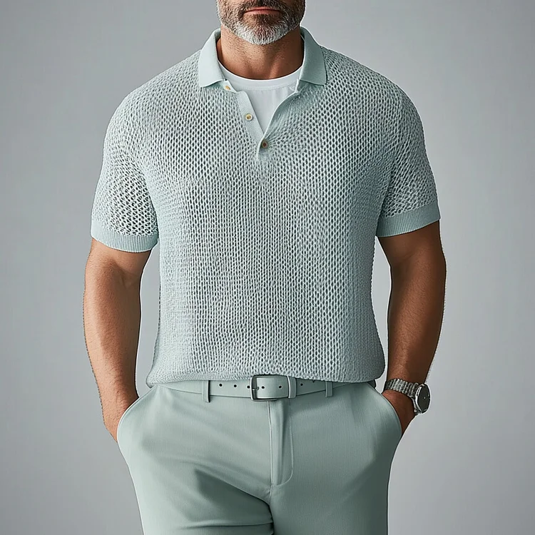 Men's Hollow Out Knit Half Button Short Sleeve Polo Shirt