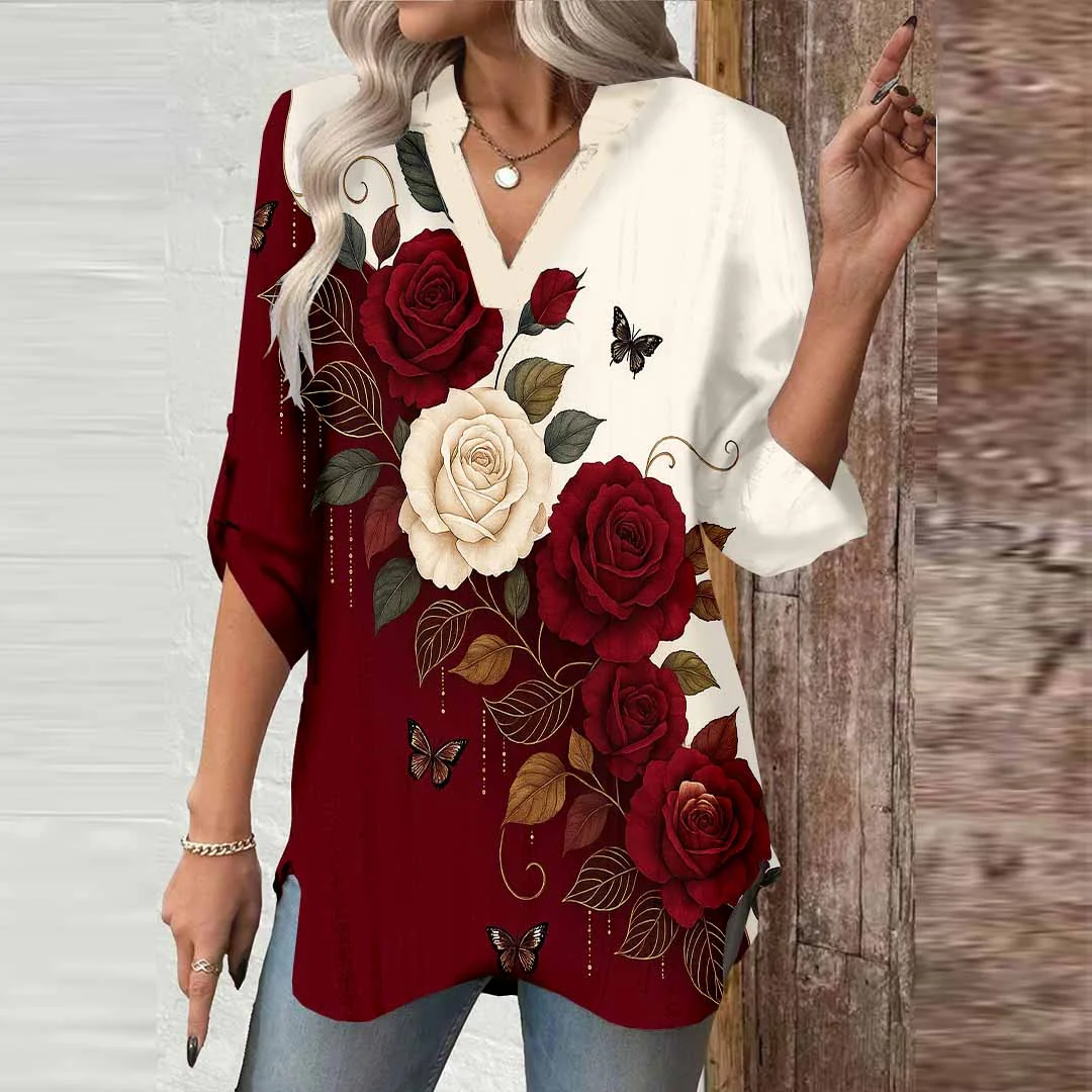 Women Floral,Burgundy,Pink DZGA0794 3/4 Sleeve V-neck Printed Graphic Button Tops