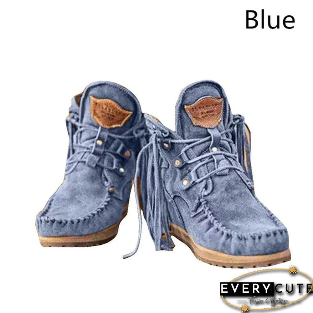 HOT Trend Fashion Faux Leather Tassel Boots for Women Short Platform Boots High Top Martin Boots Vintage Chunky Low Heel Short Boot Ankle Booties Flat Boots Autumn Winter Shoes for Female Plus Size