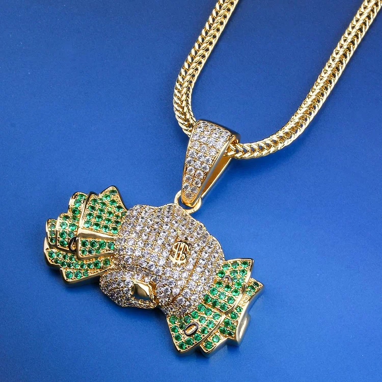 14K Gold Plated Iced Out Holding Dollars Mens Pendant Necklace