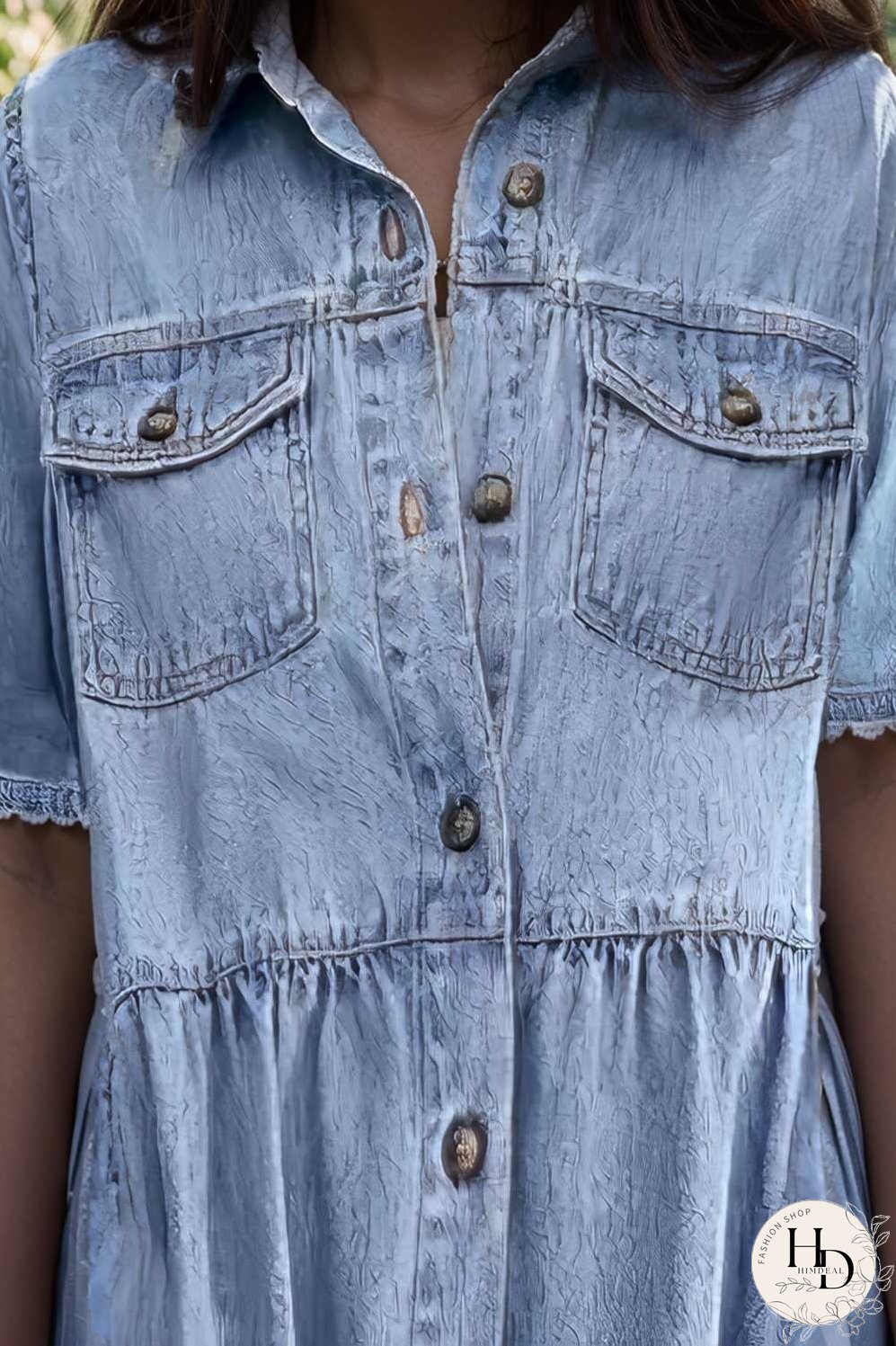 down loose short sleeve denim jean dress drop shoulder a line paneled peasant closed bateau v neck dress