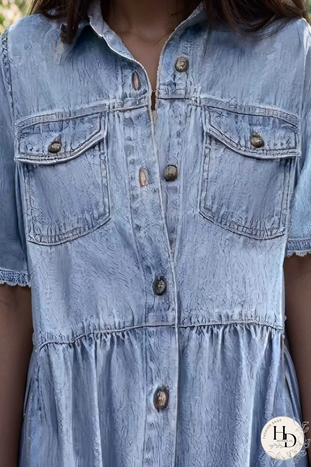 down loose short sleeve denim jean dress drop shoulder a line paneled peasant closed bateau v neck dress