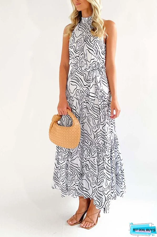 Elegant Loose Fashion Trend Print Lace Up Swing Dress