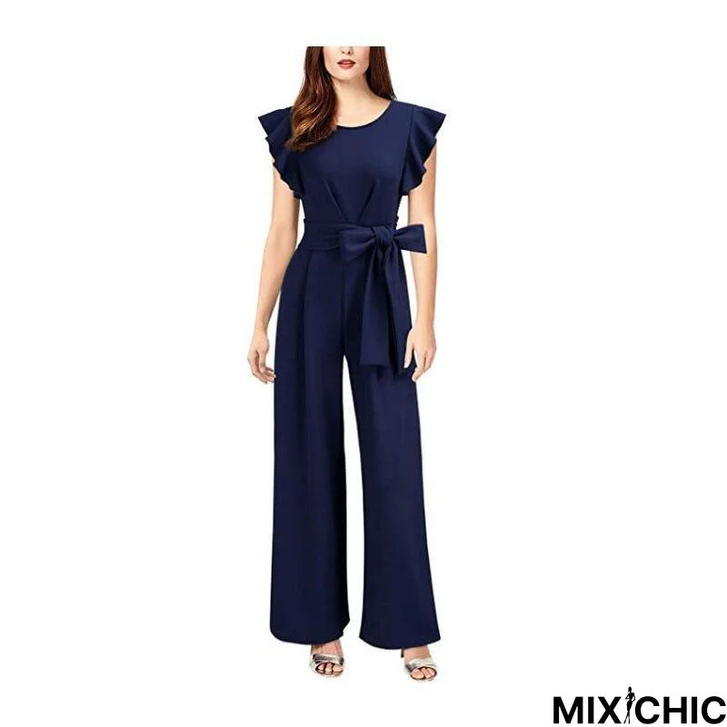 Wide Leg One-Piece Pants European and American Women's Dress Ruffle Sleeve Bandage Casual One-Piece Pants