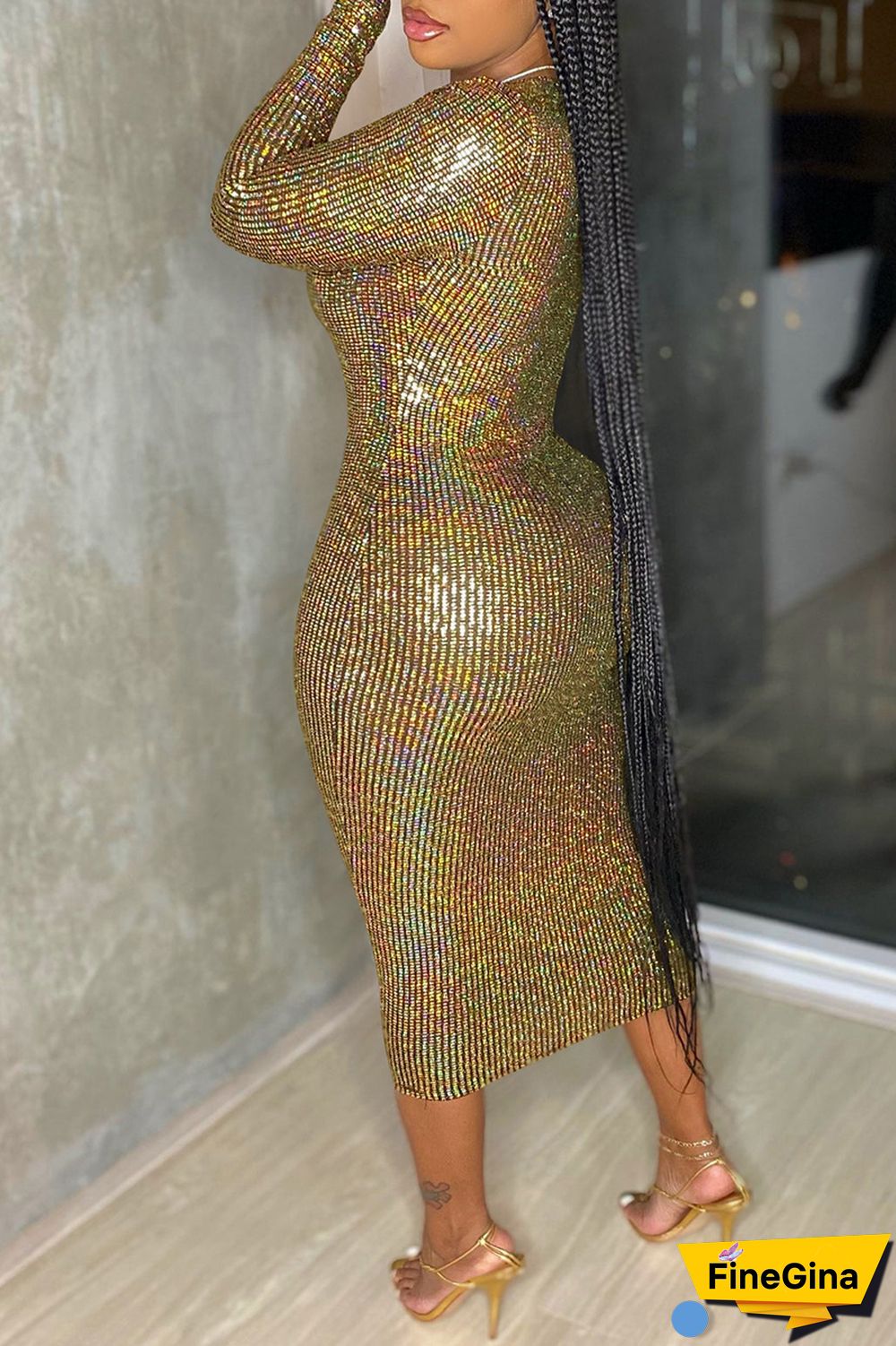 Black Sexy Casual Bronzing Patchwork V Neck Long Sleeve Dresses