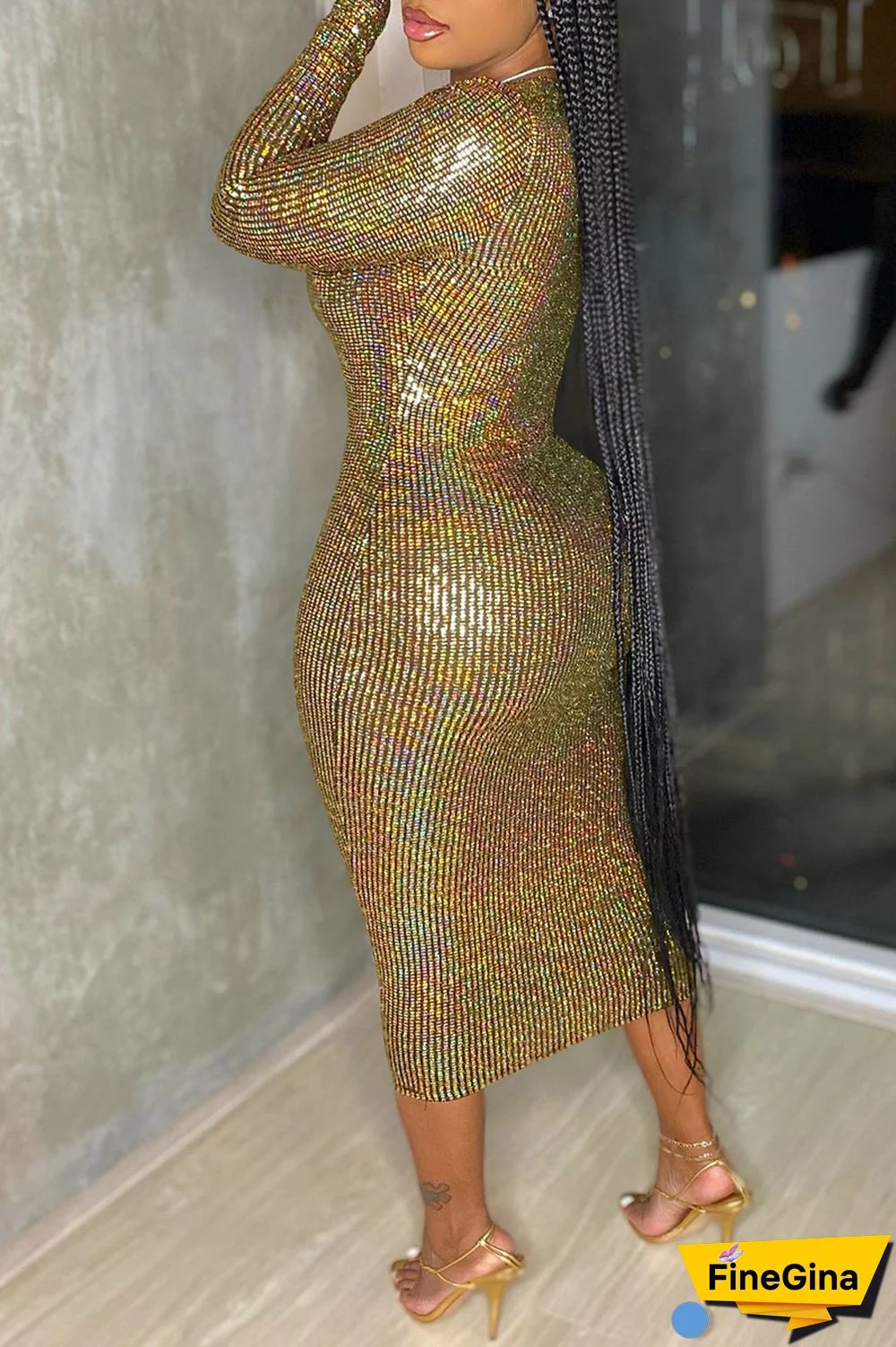 Black Sexy Casual Bronzing Patchwork V Neck Long Sleeve Dresses