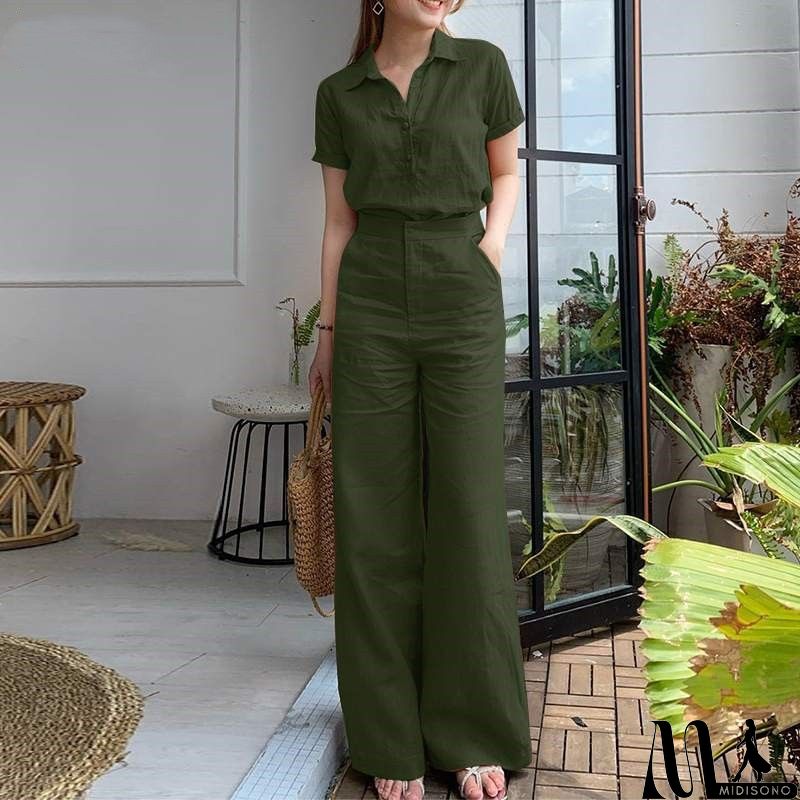 MidiSono - Women Fashion Casual Solid Color Lapel Short Sleeve Top Pants Two-Piece Set