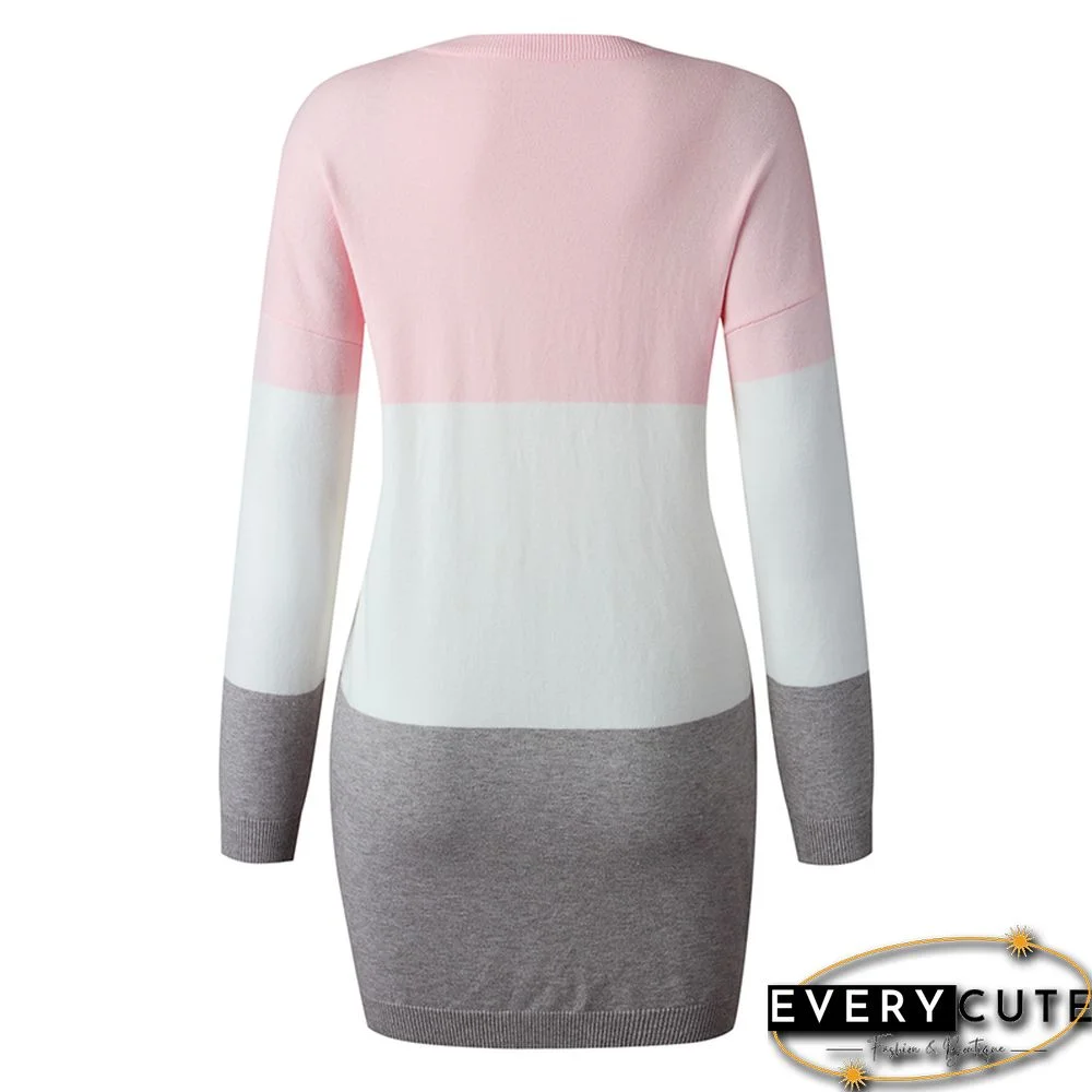 Pink Colorblock Long Sleeve Sweater Dress