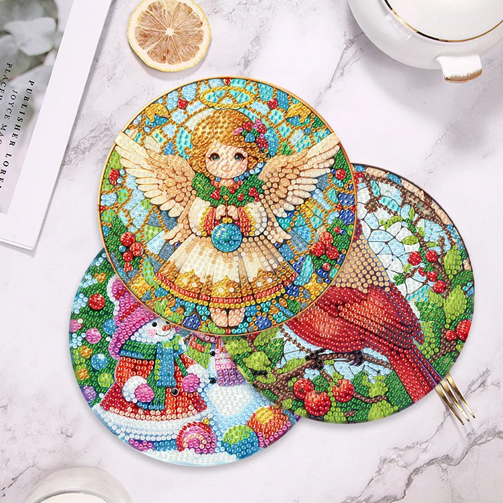 5D DIY 4pcs Christmas Acrylic Diamond Painting Placemats DIY Diamond Dot Kits for Tabletop