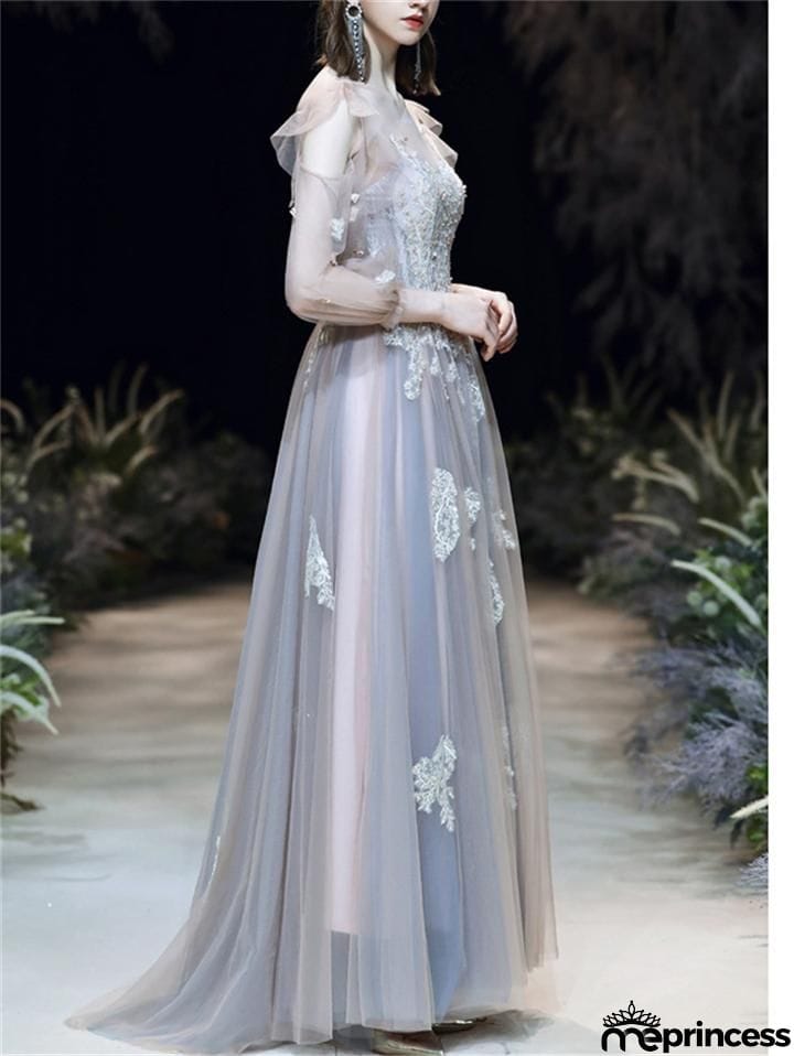 Flattering Applique Long Sleeve Backless Tulle Dress for Prom
