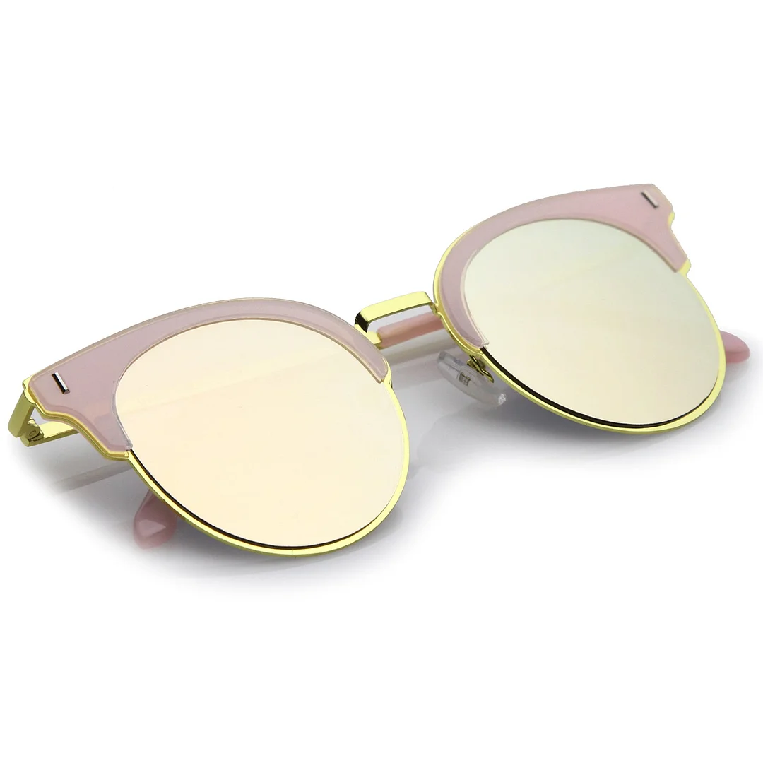 Modern Half Frame Round Colored Mirror Flat Lens Horn Rimmed glasses 49mm