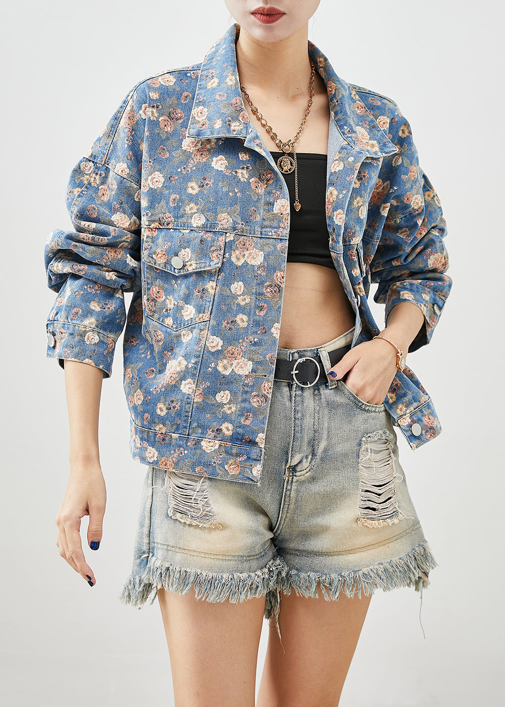 VCSHOES Blue Peter Pan Collar Print Denim Coats Fall