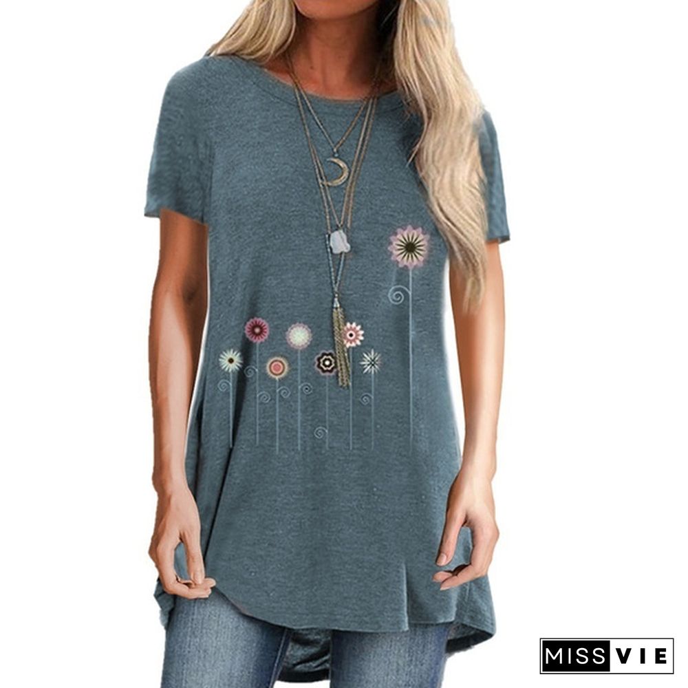 XS-5XL Women's Fashion Summer Clothes Casual O-neck Short Sleeve Tops Ladies Loose Tunic T-shirts Cotton Floral Printed Blouses Plus Size Pullover Shirts