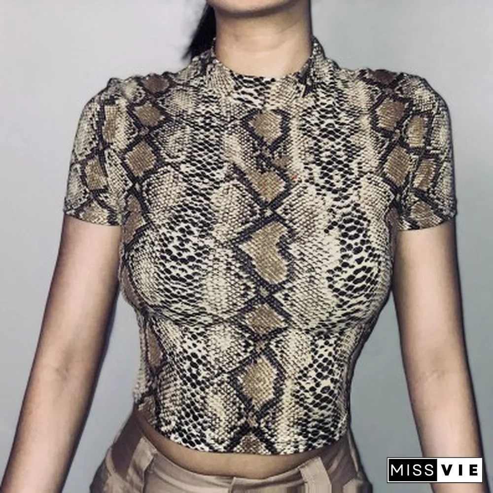 Sexy Crop Top Women Snake Print Tank Top Slim Primer High Collar Vest Harajuku Crop Tank Top T-Shirt Femme Girls Camis Tops