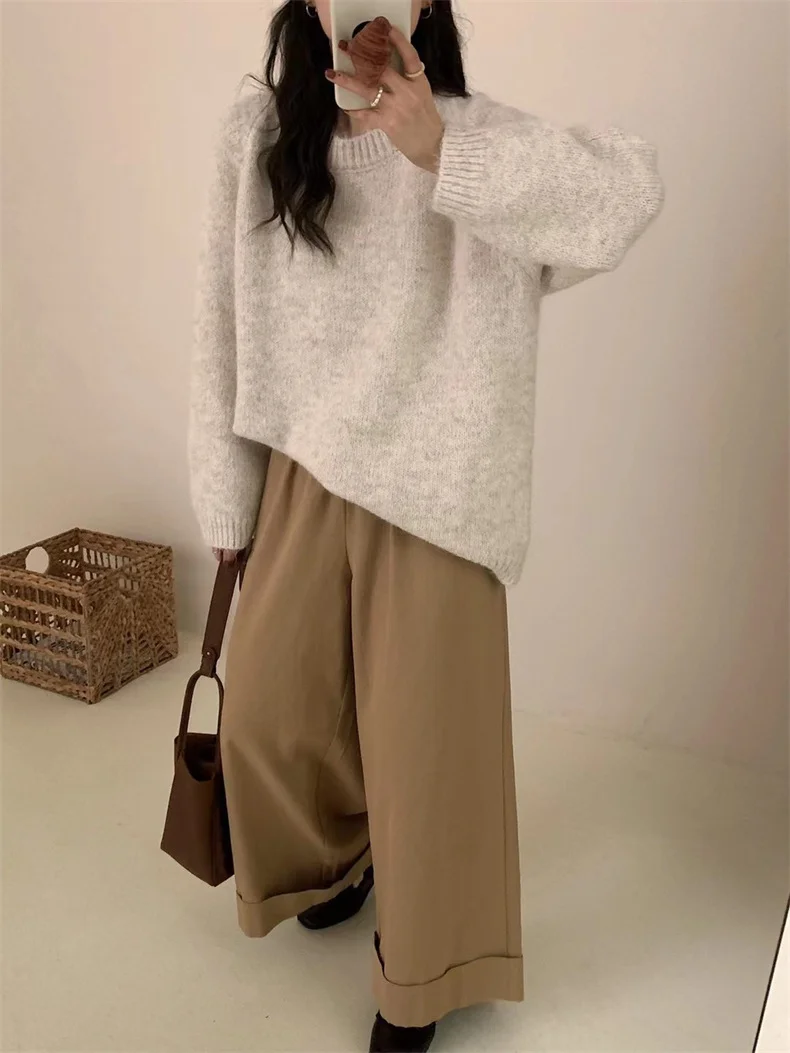 Toloer Toloer Advanced Sense Small Knit Jacket Round Collar Lazy Wind Autumn Winter Long Sleeve Soft Waxy Color Loose Set Sweater-Outfit Ideas