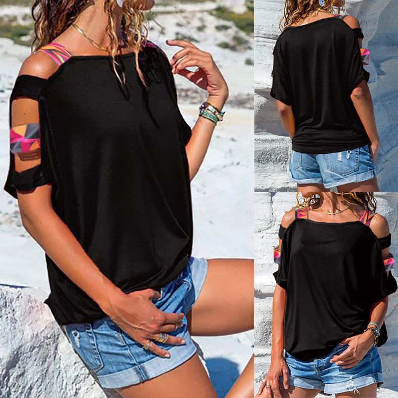 Tunics Hot Sale Women Bare Shoulder T Shirt New Vintage Boho Print Cold Shoulder Loose T-shirt Pure Color Short Sleeve Tees Tops