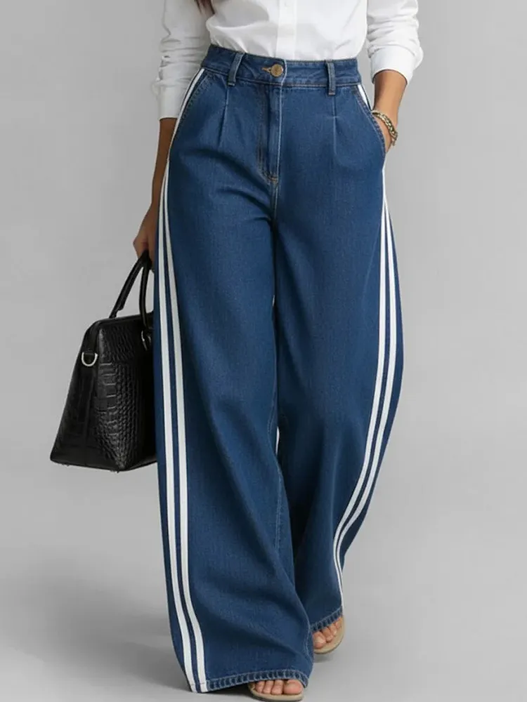 High Waisted Wide Leg Pockets Solid Color Striped Jean Pants Bottoms