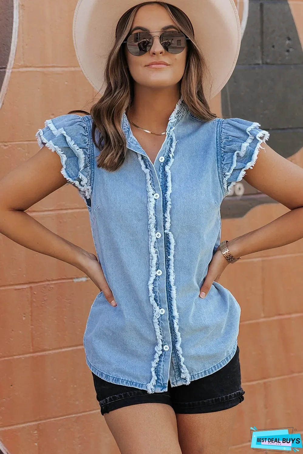 Beau Blue Button Front Ruffled Flutter Frayed Denim Top