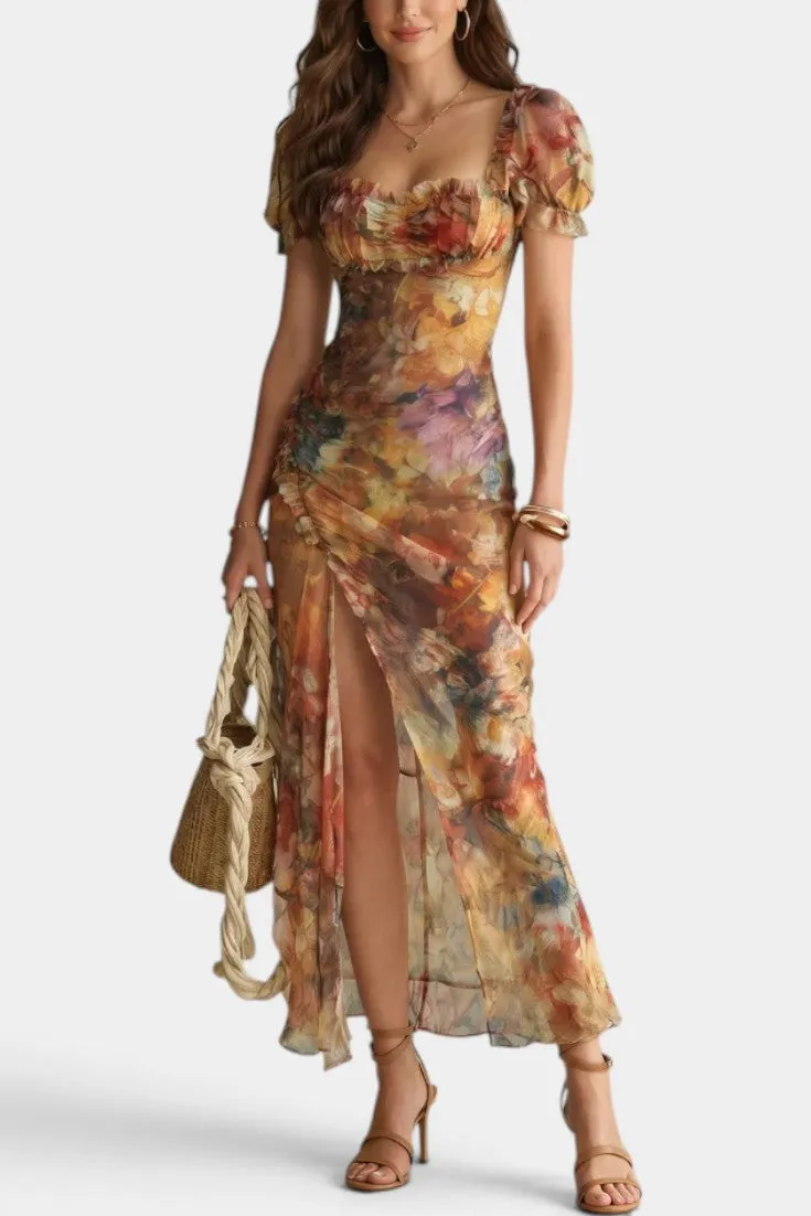 Floral Mesh Maxi Dress with Ruffled Square Neck & Puff Sleeves