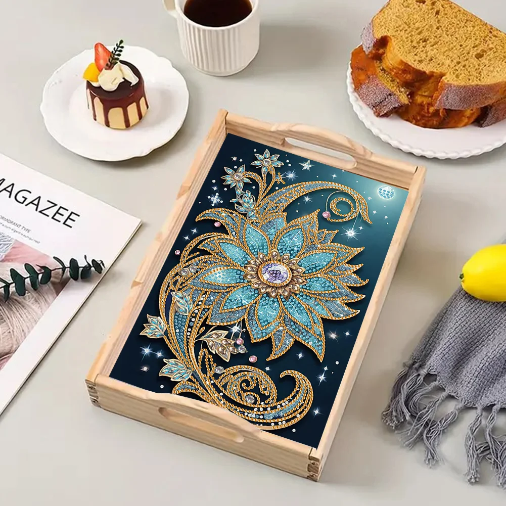 Wooden Decorative Flowers 5D DIY Diamond Painting Tray Art Craft with Handle