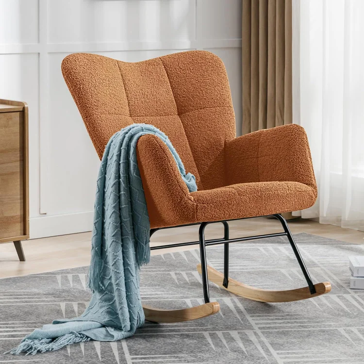 Puremind Brown Nursery Rocking Chair, Teddy Fabric Upholstered Glider Rocker with High Backrest, Modern Rocking Accent Chairs Comfy Side Chair for Nursery, Bedroom, Living Room