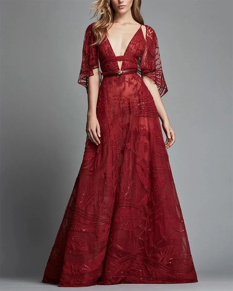 Women's Red V-neck Mesh Embroidery Dress
