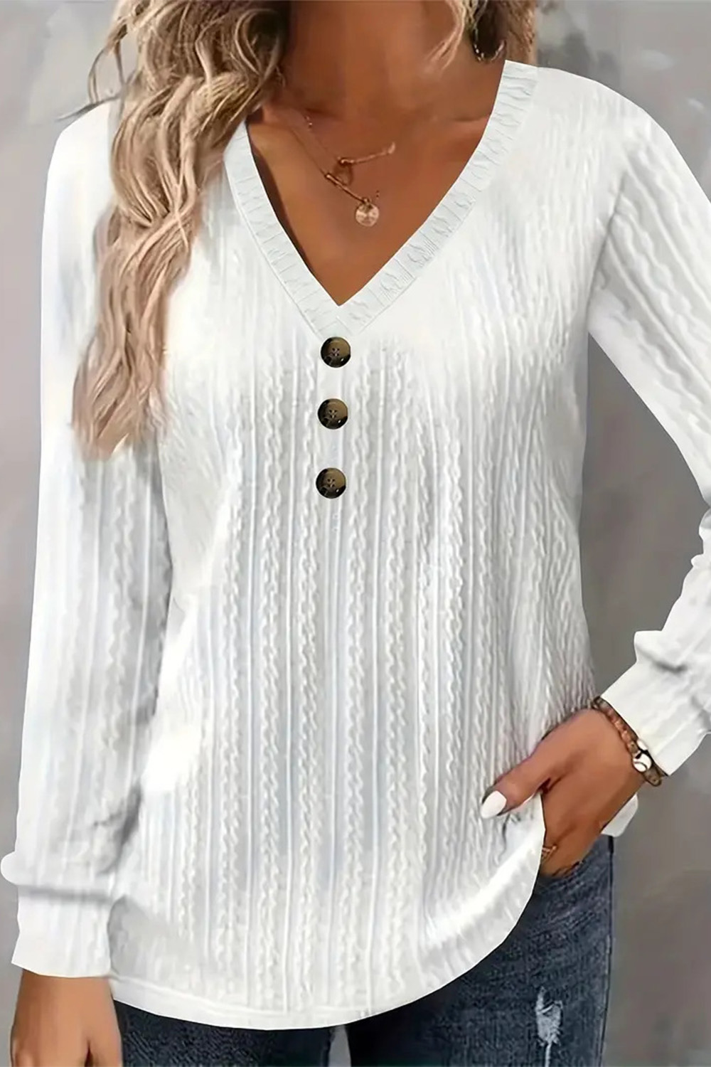 Plus Size Everyday White Textured Button Long Sleeve Blouse 2024 - Flycurvy 