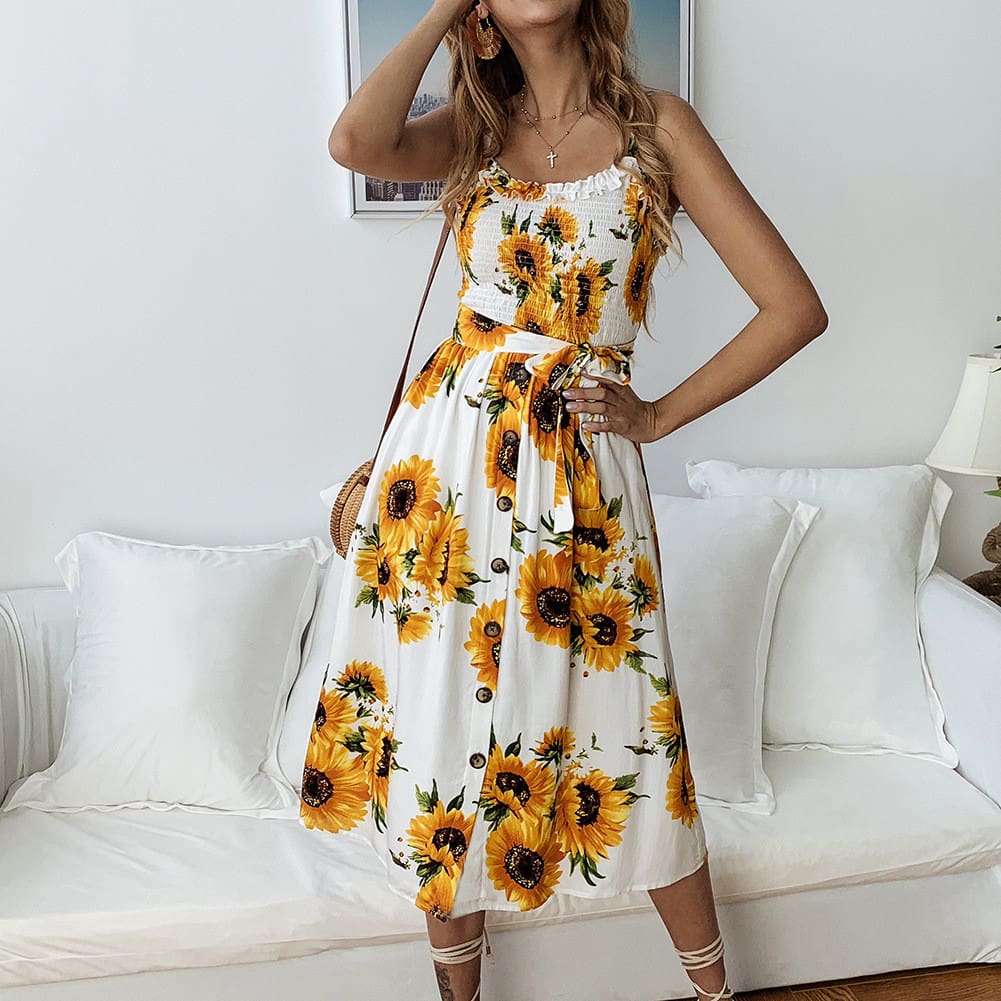  New Fashion Summer Women Boho Floral High Waist Print Dress Lady Holiday Party Beach Sling Dress Sundress