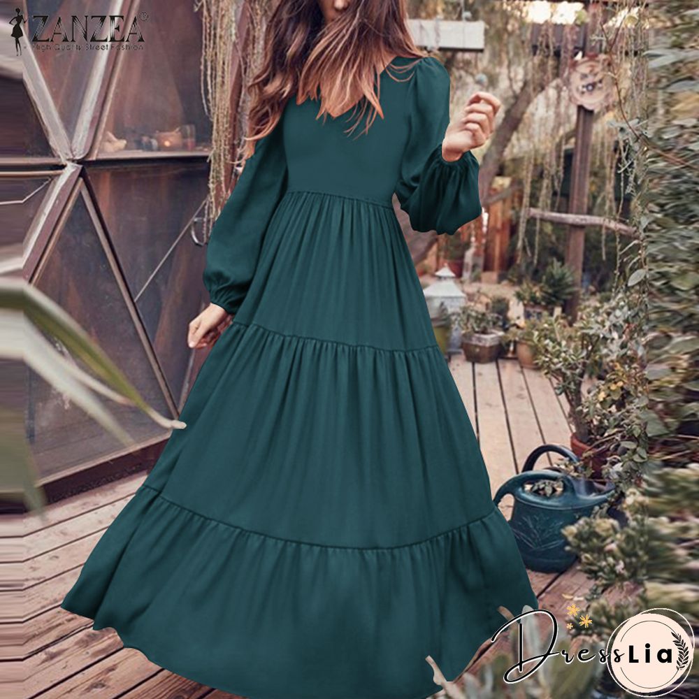 ZANZEA Stylish Ruffle Maxi Dress Casual Puff Sleeve Tunic Vestidos Female Solid Robe Women's Autumn Sundress