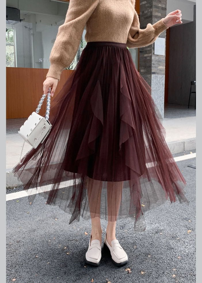 Brown tulle Asymmetrical pleated skirt Spring CK709- Fabulory