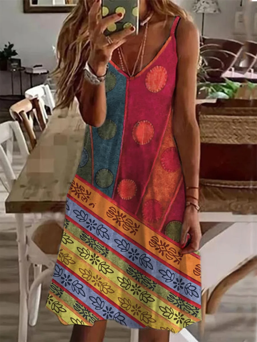 Casual Vintage Print Sleeveless V Neck Short Dress