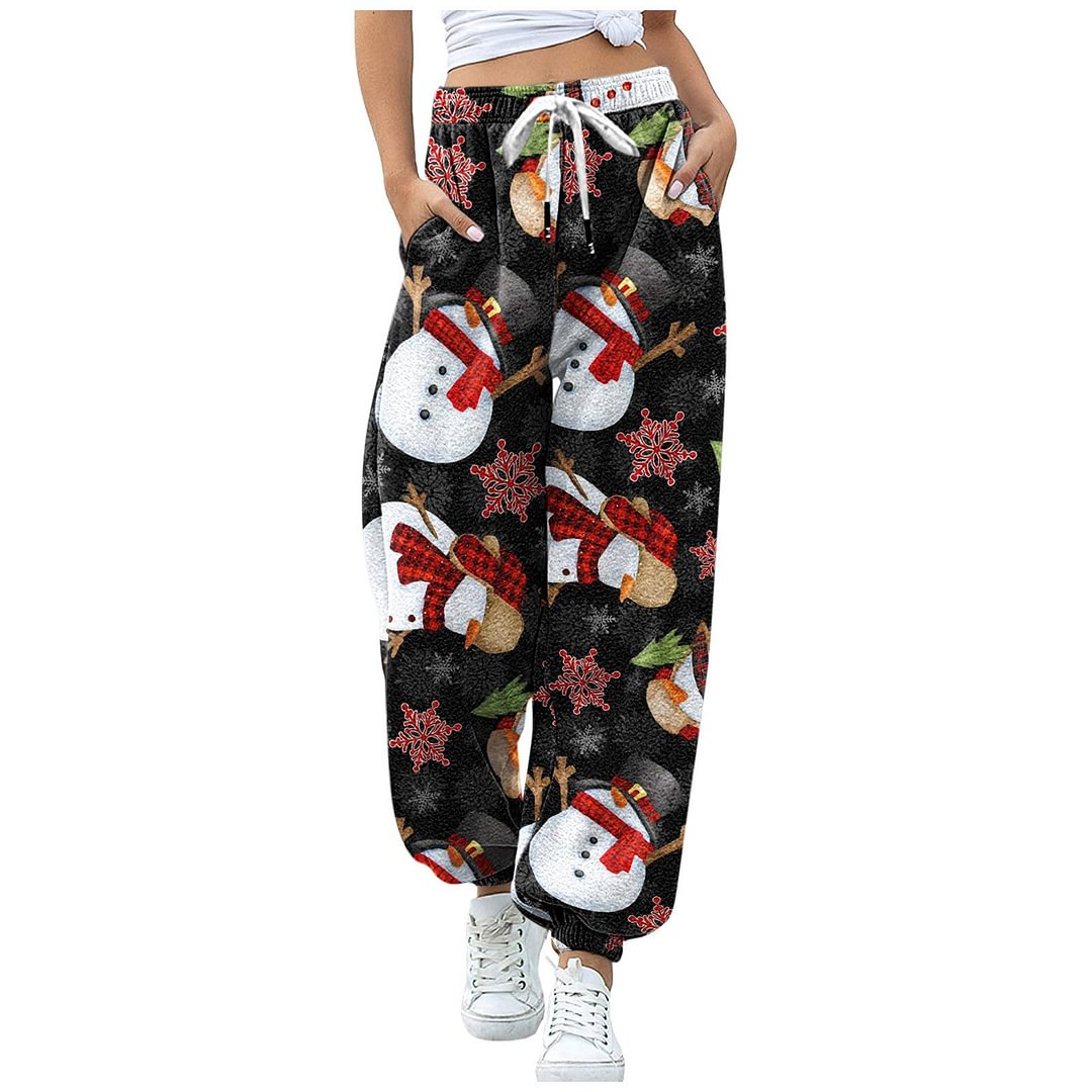 Christmas Snowman Print Waist Drawstring Pants