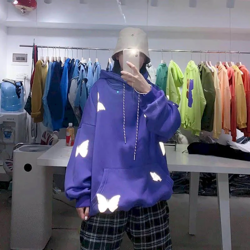 Reflective Butterfly Fluorescent Green Sweatshirt Women Hoodies  Autumn Winter 2021 New Plus Velvet Thickened Student Jacket