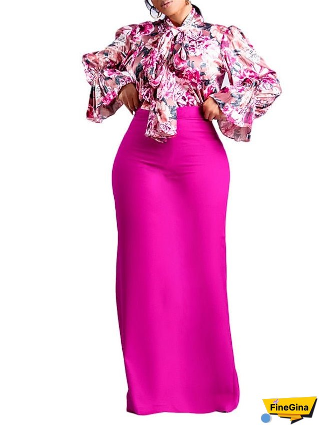 Work Dress Two Piece Dress Sheath Dress Long Dress Maxi Dress Pink Blue Fuchsia Long Sleeve Floral Lace up Winter Fall Spring Stand Collar Fashion S M L XL 2XL 3XL for Women