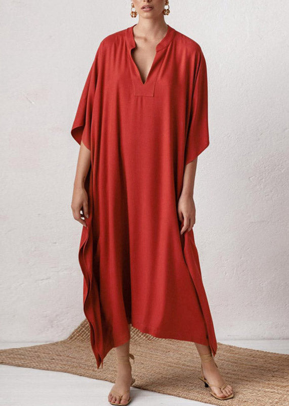 VCSHOES Red V Neck Side Open Solid Party Long Dress Summer