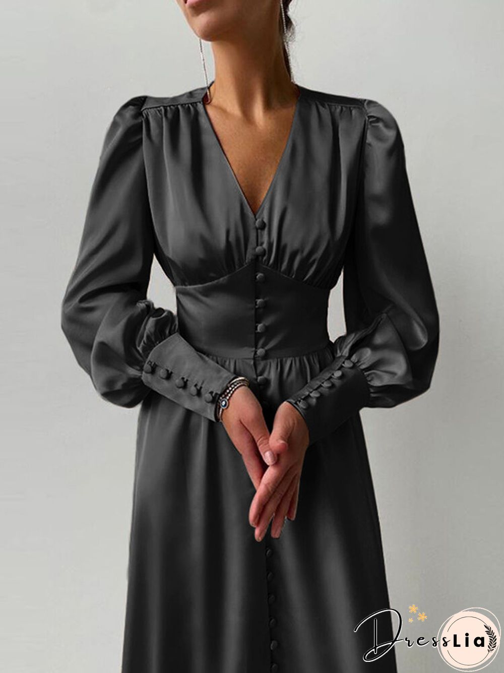 Solid Color Patchwork Puff Sleeves V-neck Satin Casual Dress