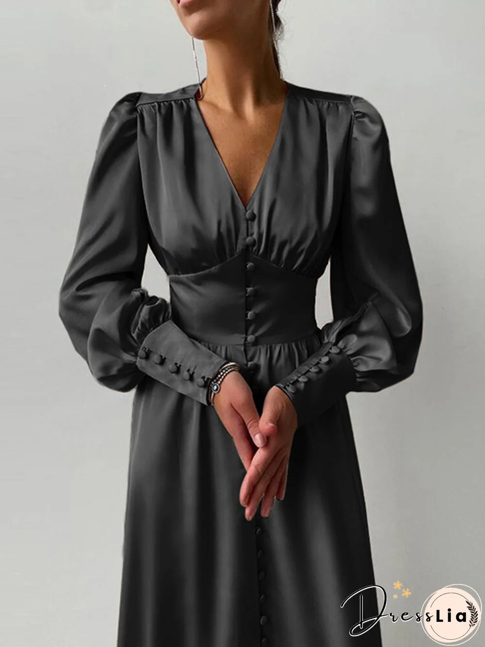 Solid Color Patchwork Puff Sleeves V-neck Satin Casual Dress