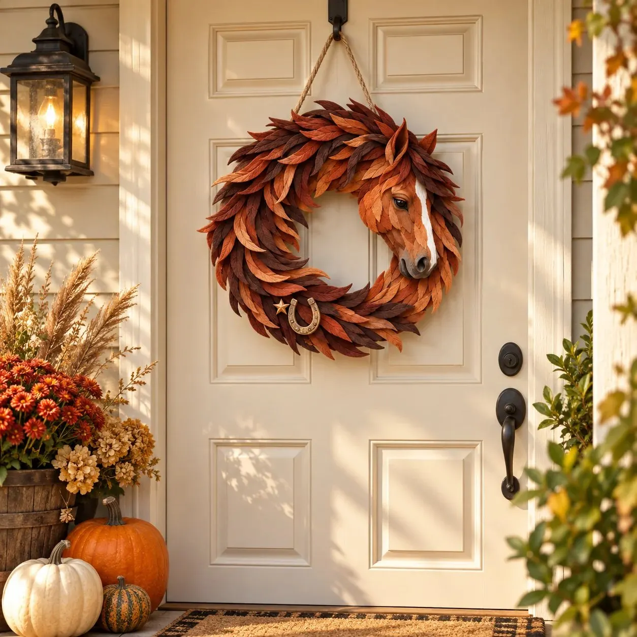 Rustic horse wreath with a flowing chestnut mane hanging on an autumn front door