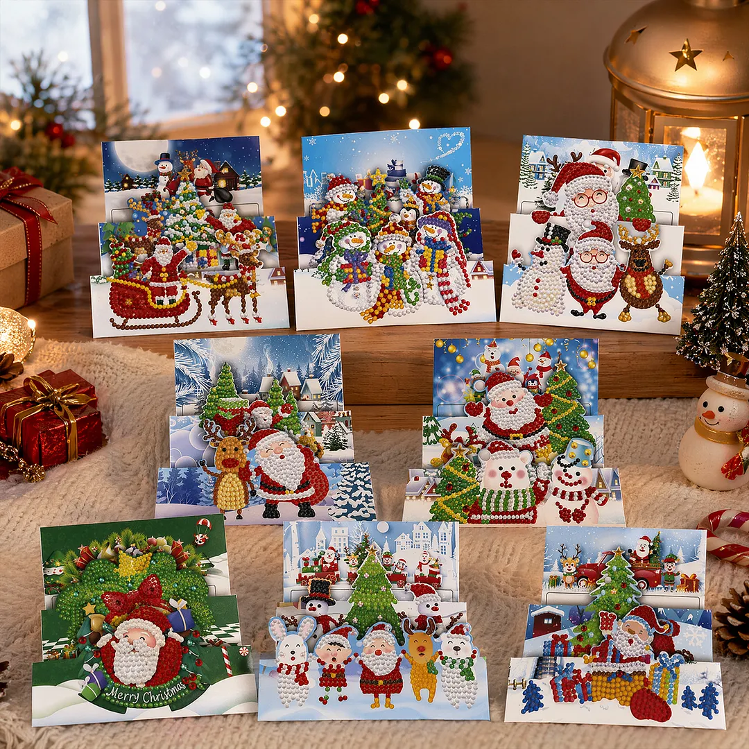 8PCS Santa Claus DIY Diamond Painting Greeting Card Kits with Envelopes Diamond Art Greeting Cards Diamond Art Cards Kits for Adults DIY Crafts Family Friend Gifts