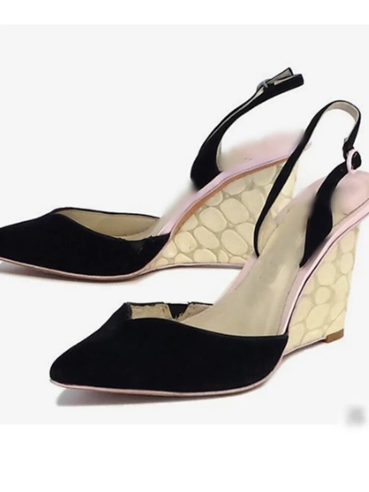 VCSHOES Black Wedge Stone Pattern Pumps Buckle Strap Pointed Toe Novel Style Woman Shoes Zapatillas Mujer
