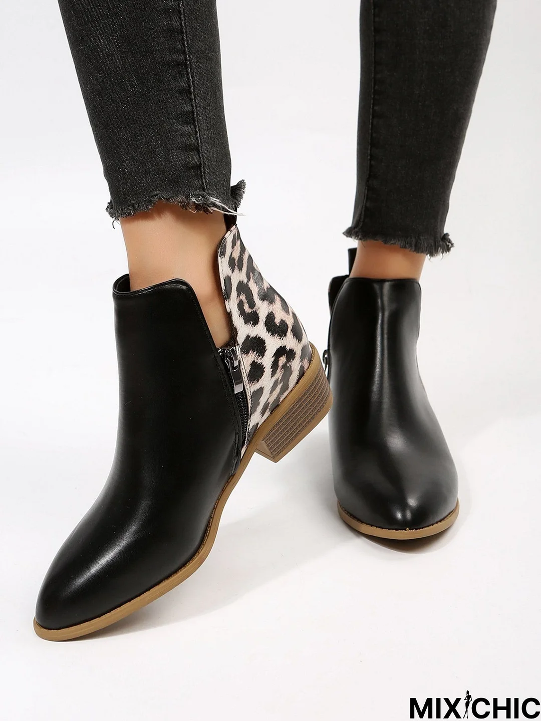 Stylish Leopard Patchwork Chunky Heel Booties