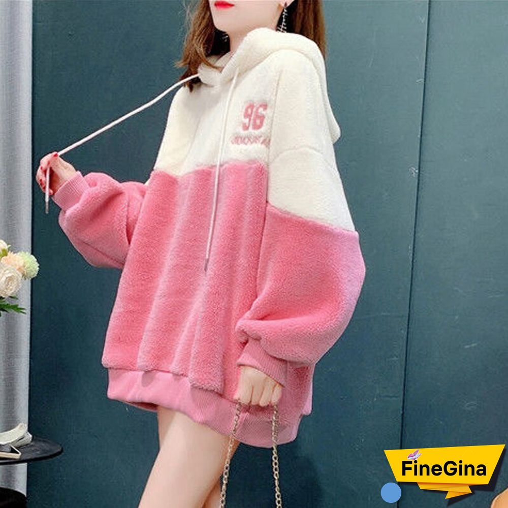 Spring Autumn Warm Wool Sweatshirt Women Loose Casual Lady Sweatshirt Korean Fashion Soft Splicing Mujer Sweatshirt New