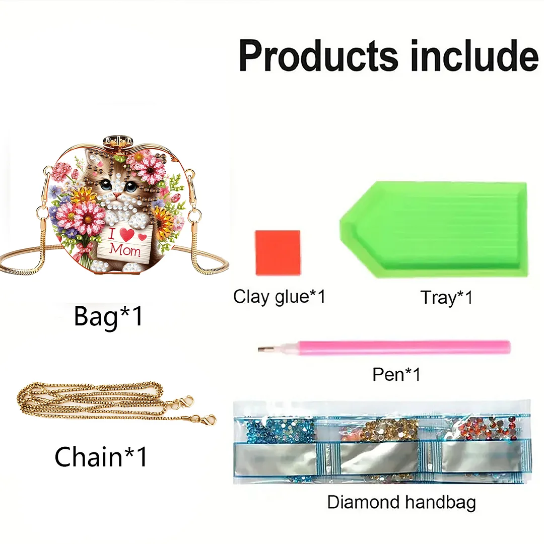 Cats and Flowers DIY Acrylic Love Diamond Art Painting Card Case Wallet with Chain Small Diamond Painting Crossbody Bag for Adults Women Girls Gift